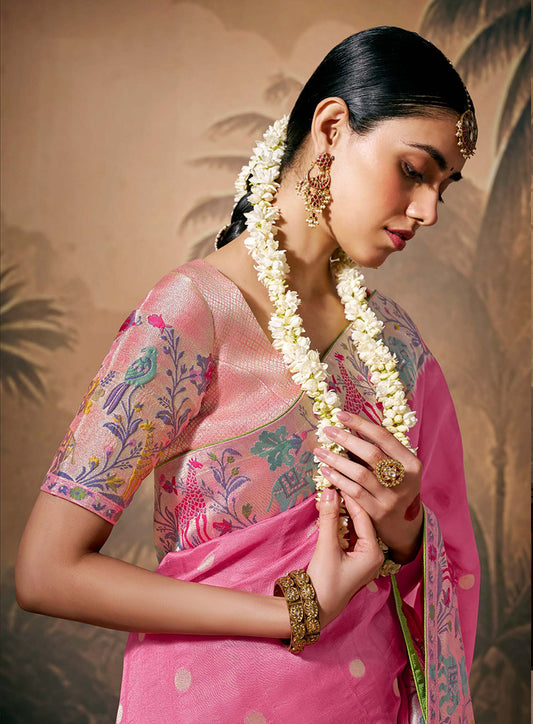 Pink Silk Saree with Intricate Zari & Ethnic Motifs Work