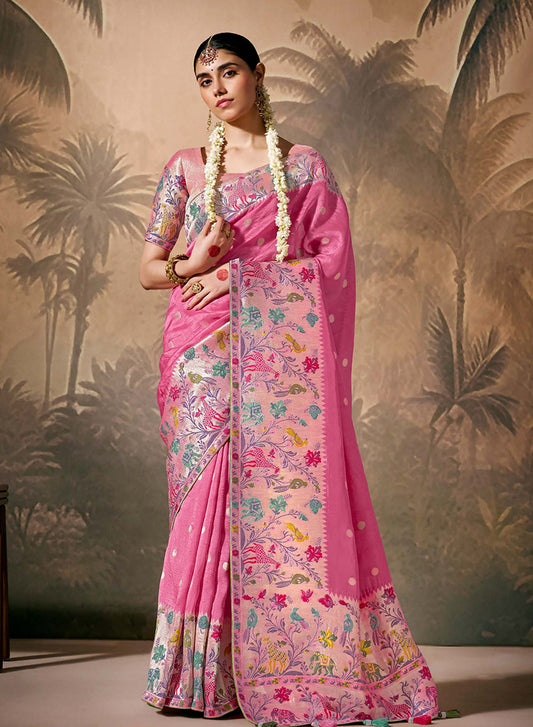 Pink Silk Saree with Intricate Zari & Ethnic Motifs Work