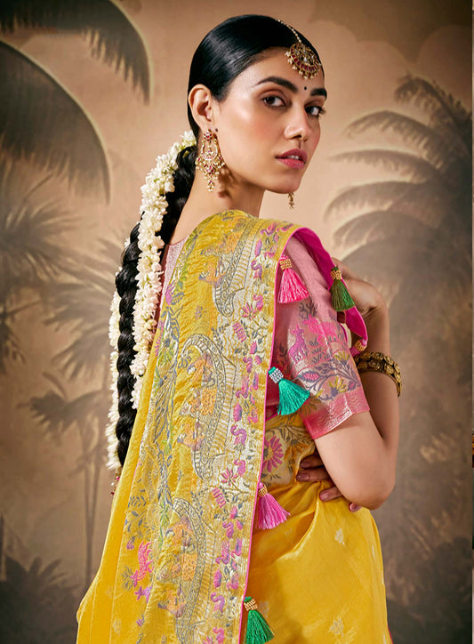 Yellow Silk Saree with Intricate Zari & Ethnic Motifs Work