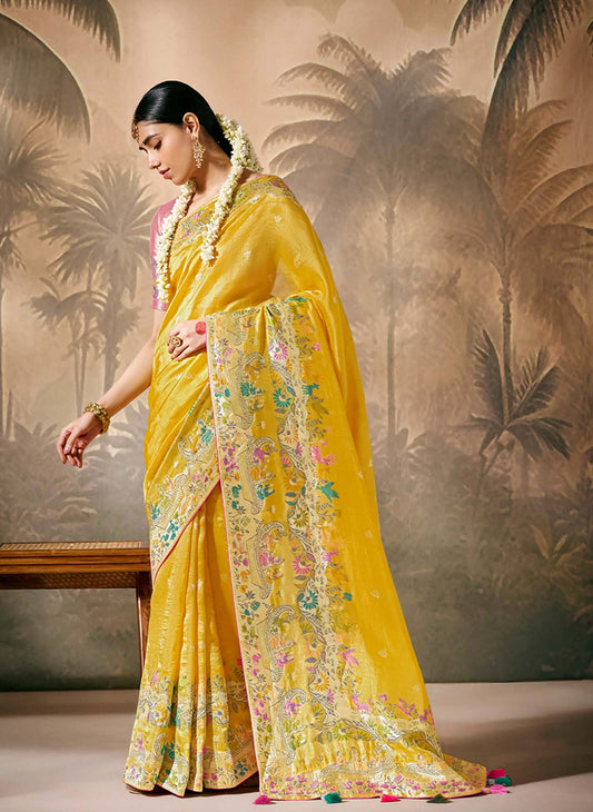 Yellow Silk Saree with Intricate Zari & Ethnic Motifs Work