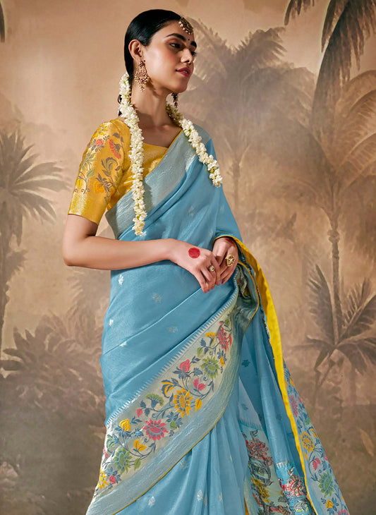 Sky Blue Silk Saree with Intricate Zari & Ethnic Motifs Work