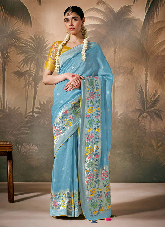Sky Blue Silk Saree with Intricate Zari & Ethnic Motifs Work