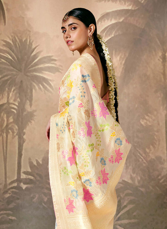 Cream Silk Saree with Intricate Zari & Ethnic Motifs Work