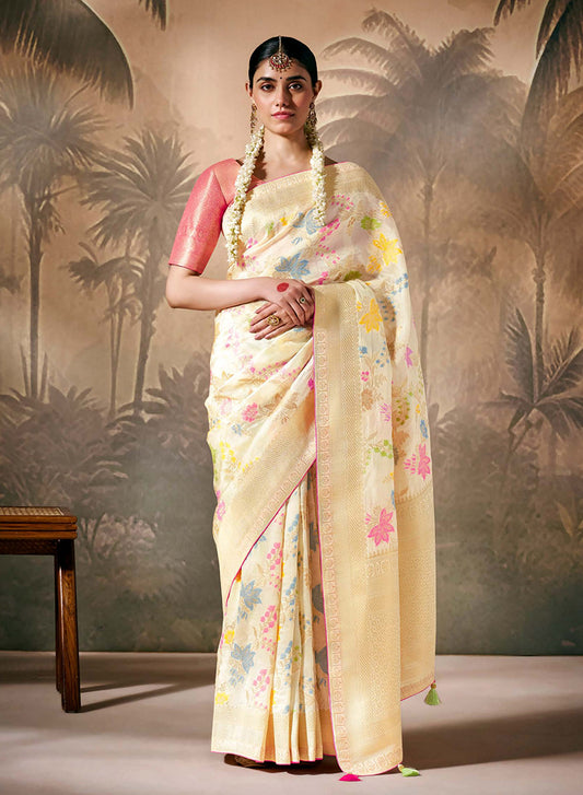 Cream Silk Saree with Intricate Zari & Ethnic Motifs Work