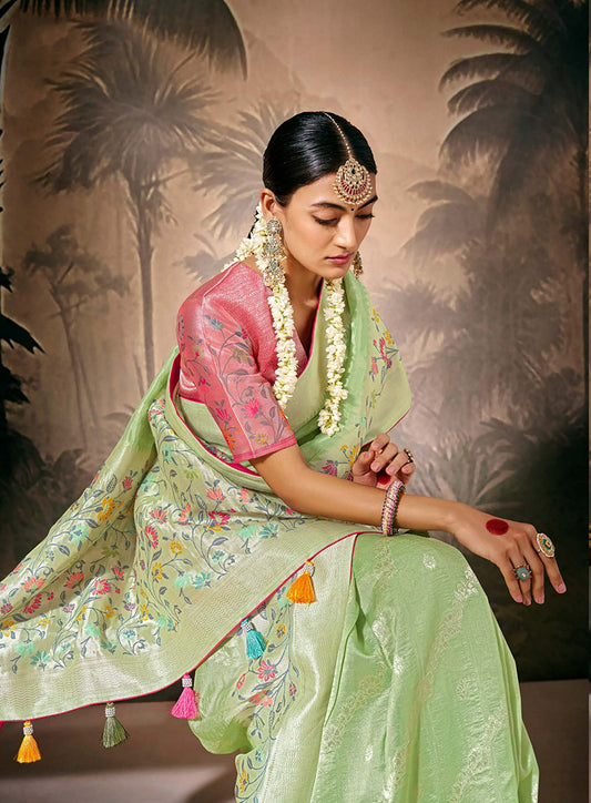 Light Green Silk Saree with Intricate Zari & Ethnic Motifs Work