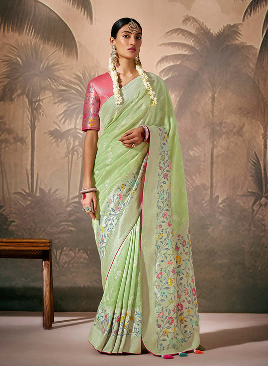 Light Green Silk Saree with Intricate Zari & Ethnic Motifs Work