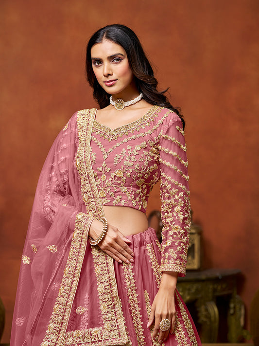 Pink Net Fabric Heavy Embroidered Trendy Lehenga Choli