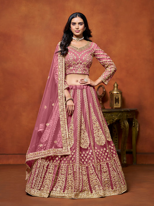 Pink Net Fabric Heavy Embroidered Trendy Lehenga Choli