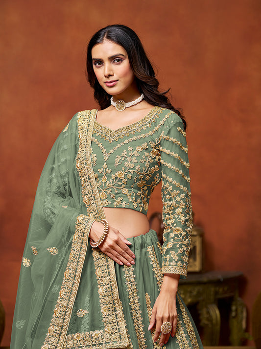 Sea Green Net Fabric Heavy Embroidered Trendy Lehenga Choli