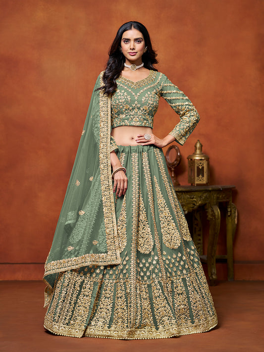 Sea Green Net Fabric Heavy Embroidered Trendy Lehenga Choli