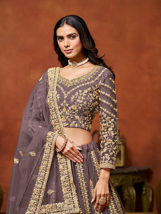 Purple Net Fabric Heavy Embroidered Trendy Lehenga Choli