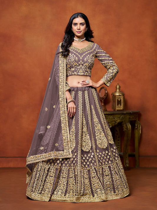 Purple Net Fabric Heavy Embroidered Trendy Lehenga Choli