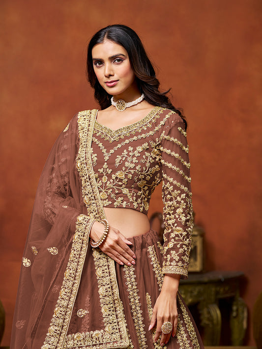 Brown Net Fabric Heavy Embroidered Trendy Lehenga Choli