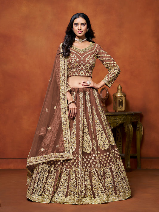 Brown Net Fabric Heavy Embroidered Trendy Lehenga Choli