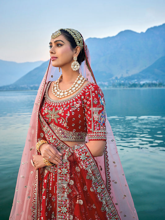 Red Silk Embroidered, Sequins Thread And Zari Work Bridal Trendy Lehenga Choli