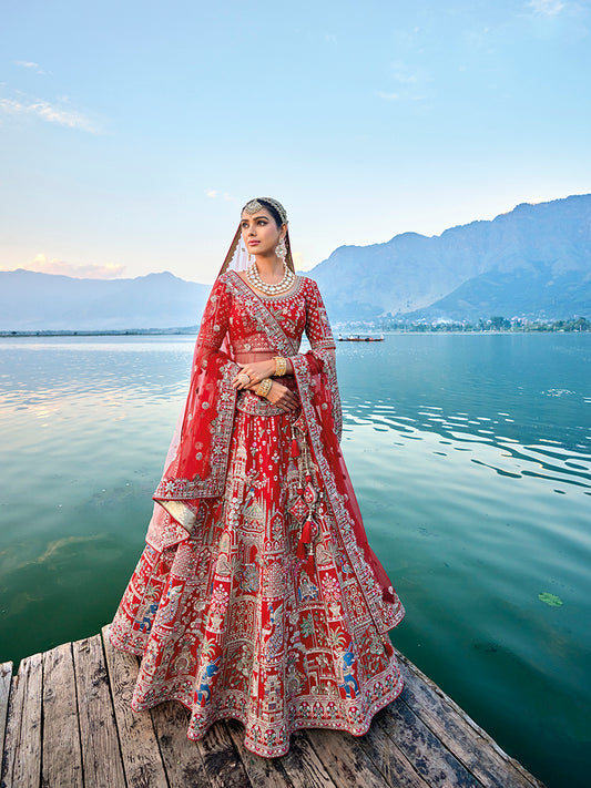 Red Silk Embroidered, Sequins Thread And Zari Work Bridal Trendy Lehenga Choli