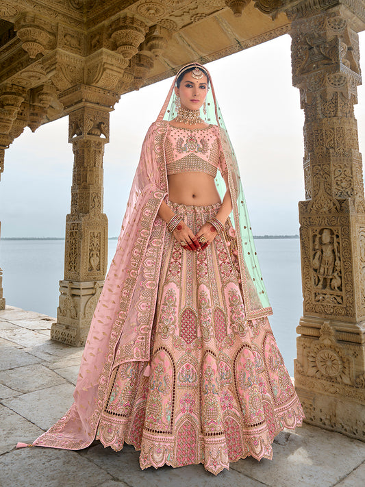 Light Pink Silk Embroidered Sequins Thread  Bridal Trendy Lehenga Choli