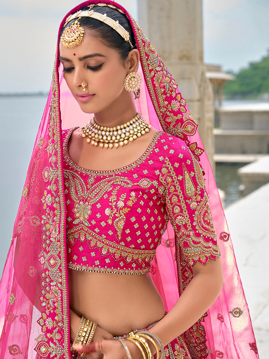 Rani Pink Silk Embroidered Sequins Work Bridal Lehenga Choli