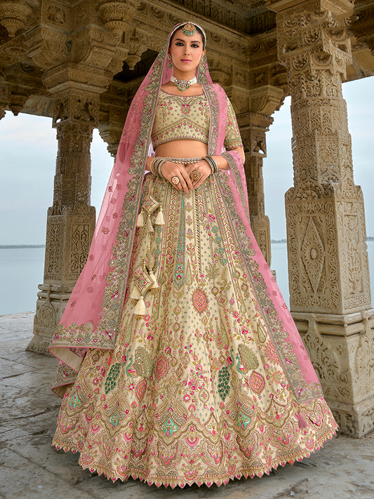 Cream Silk Embroidered Thread And Zari Work Bridal Trendy Lehenga Choli