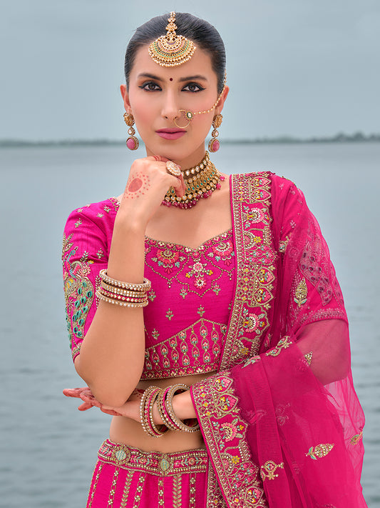 Rani Pink Silk Embroidered, Sequins, Thread And Zari Work Bridal Trendy Lehenga Choli