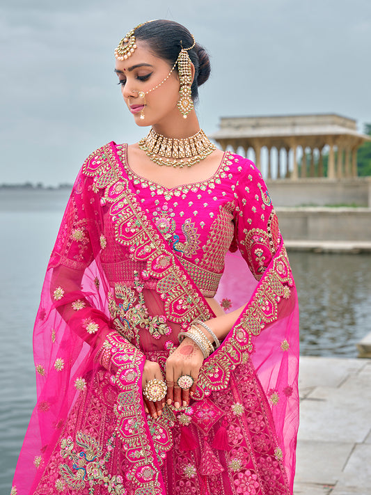 Rani Pink Silk Embroidered, Sequins, Thread And Zari Work Bridal Trendy Lehenga Choli
