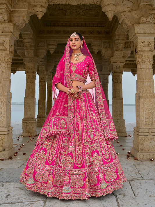 Rani Pink Silk Embroidered Sequins And Zari Work Bridal Trendy Lehenga Choli