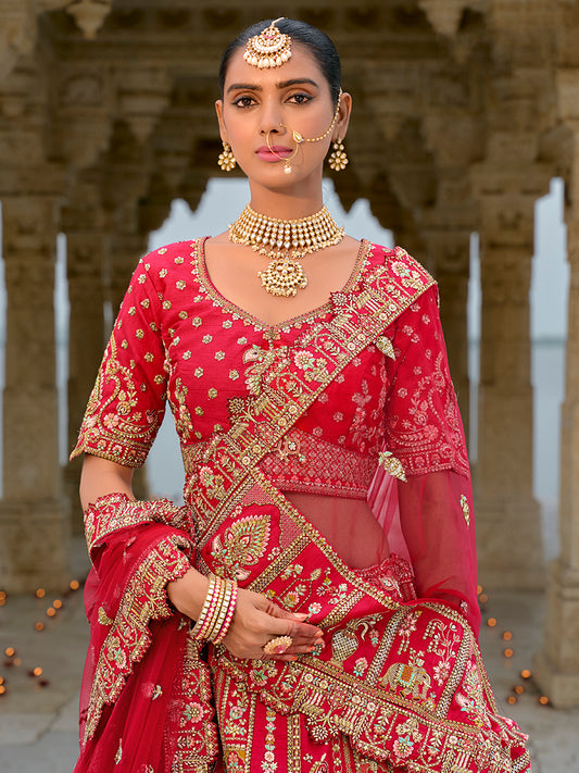 Red Silk Embroidered Sequins Zari Work Bridal Trendy Lehenga Choli