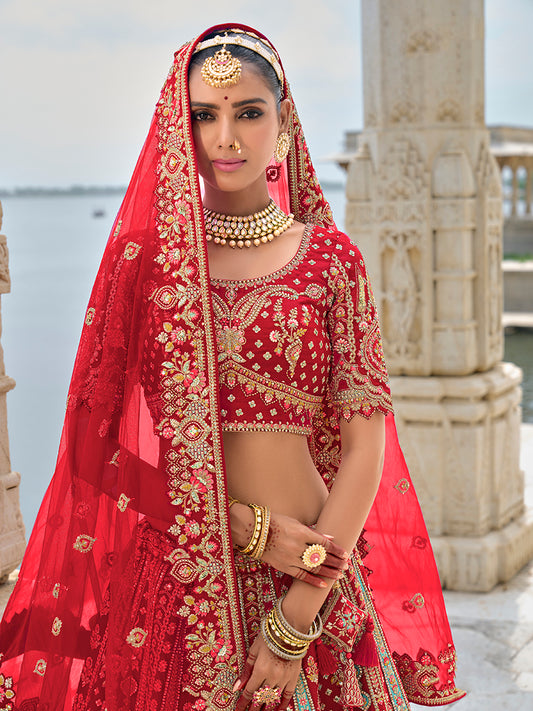 Red Silk Embroidered Sequins Thread And Zari Work Bridal Lehenga Choli