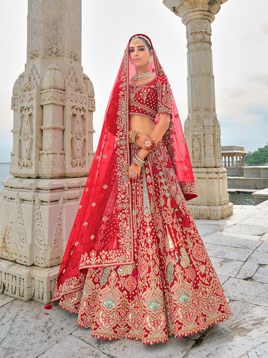 Red Silk Embroidered Sequins Thread And Zari Work Bridal Lehenga Choli