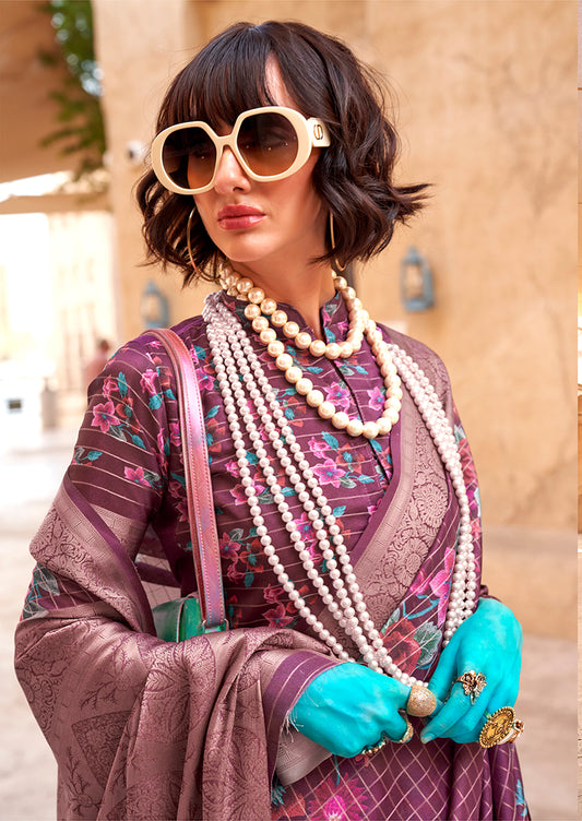 Burgundy Ethnic Motif Printed Georgette Saree with Zari Weave