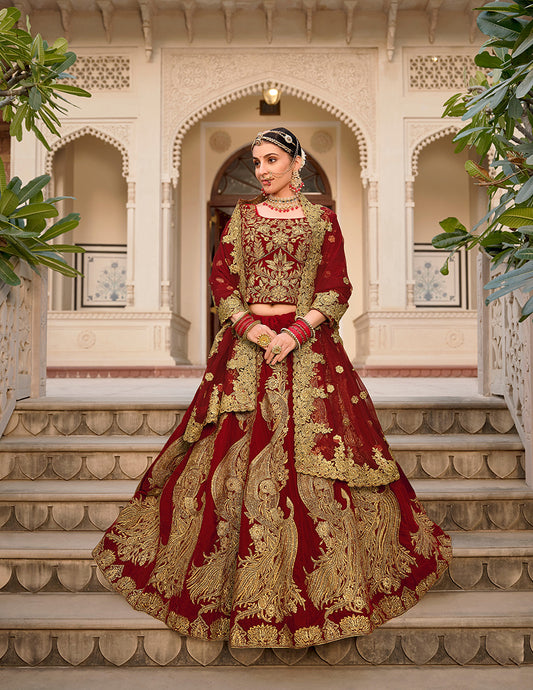 Maroon Velvet Embroidered Stone Work Wedding Lehenga Choli