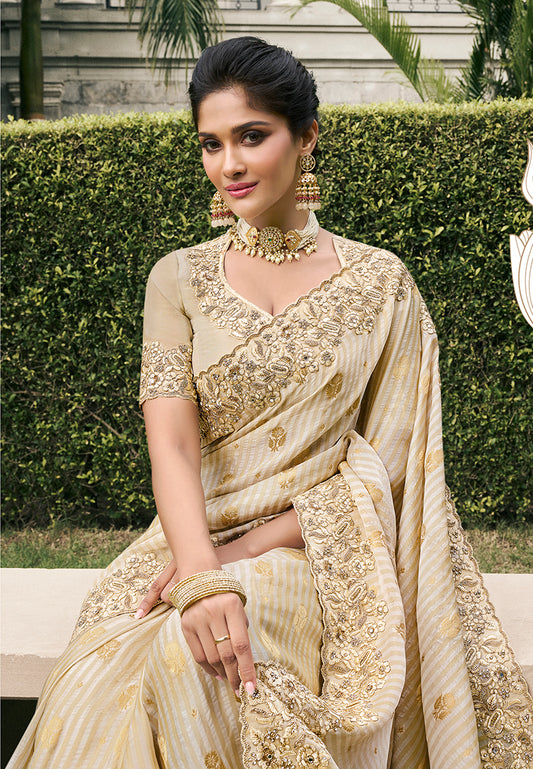 Cream Tussar Silk Embroidered Work Saree
