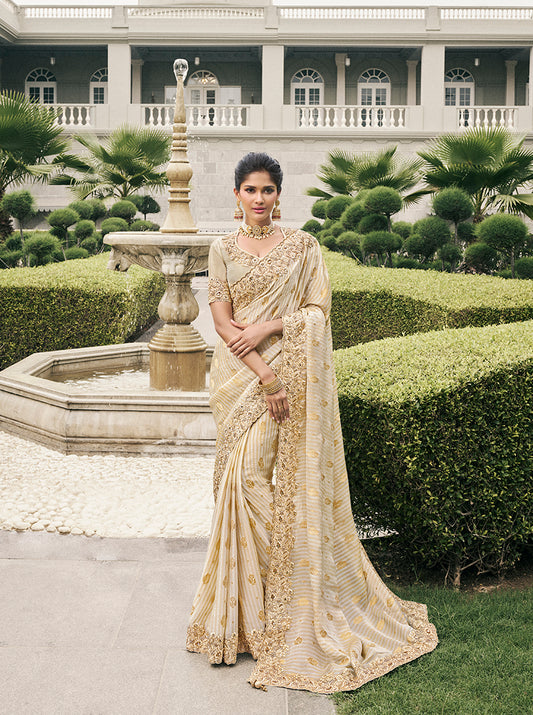 Cream Tussar Silk Embroidered Work Saree