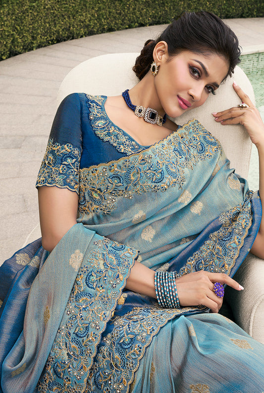 Blue Tussar Silk Embroidered Work Saree