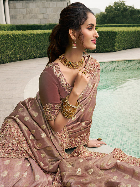 Brown Tussar Silk Embroidered Work Saree