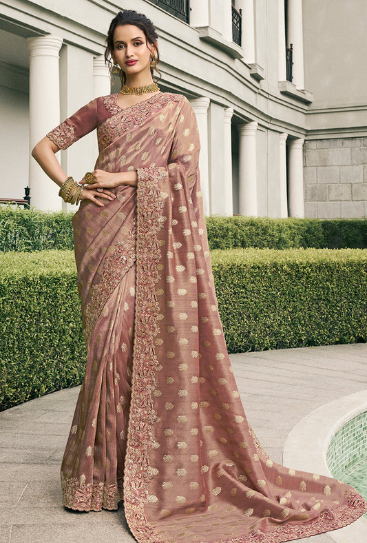 Brown Tussar Silk Embroidered Work Saree