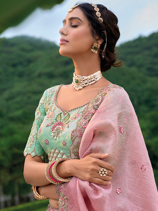 Light Turquoise And Pink Silk Embroidered Sequins Ceremony Lehenga Choli
