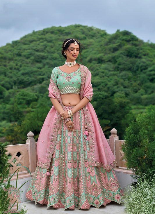 Light Turquoise And Pink Silk Embroidered Sequins Ceremony Lehenga Choli