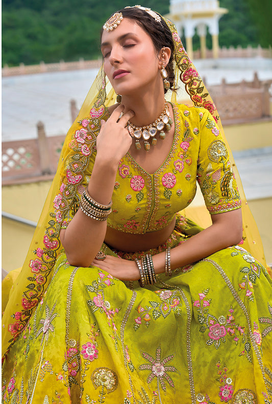 Green And Yellow Silk Embroidered Sequins Haldi Event Lehenga Choli