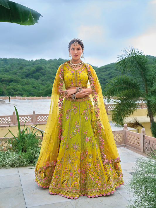Green And Yellow Silk Embroidered Sequins Haldi Event Lehenga Choli