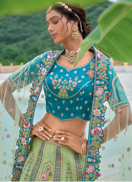 Sea Green And Turquoise Silk Embroidered Sequins Work Trendy Lehenga Choli