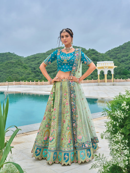 Sea Green And Turquoise Silk Embroidered Sequins Work Trendy Lehenga Choli