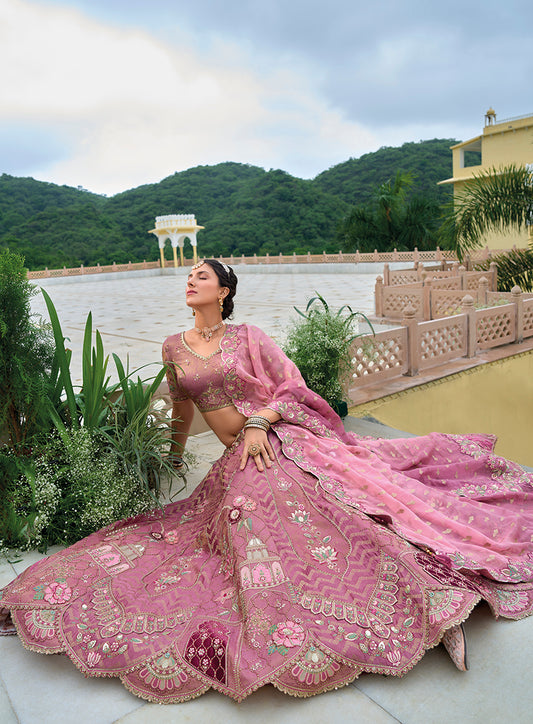 Onion Pink  Silk Embroidered Sequins Work Ceremony Lehenga Choli