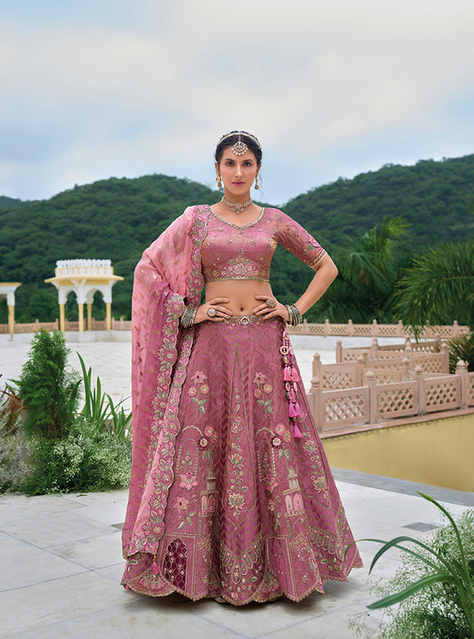 Onion Pink  Silk Embroidered Sequins Work Ceremony Lehenga Choli
