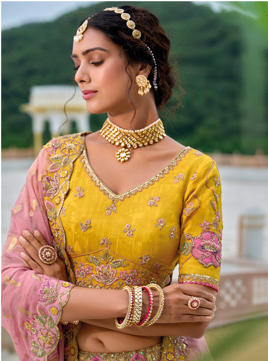 Yellow And Pink Silk Embroidered Sequins Haldi Event Lehenga Choli
