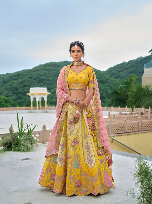 Yellow And Pink Silk Embroidered Sequins Haldi Event Lehenga Choli
