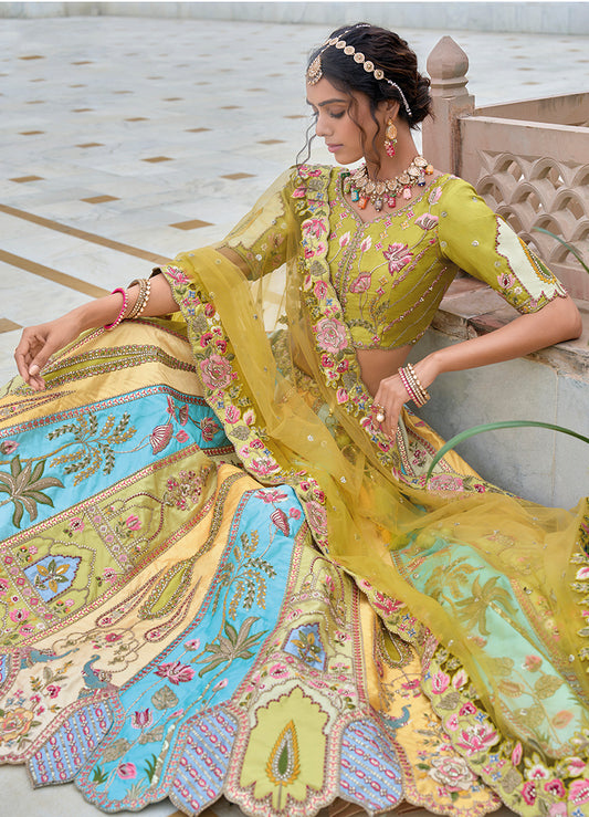 Lemon Yellow Silk Embroidered Sequins Mehendi Event Lehenga Choli