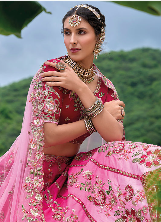 Dark Pink Silk Embroidered Sequins Wedding Lehenga Choli