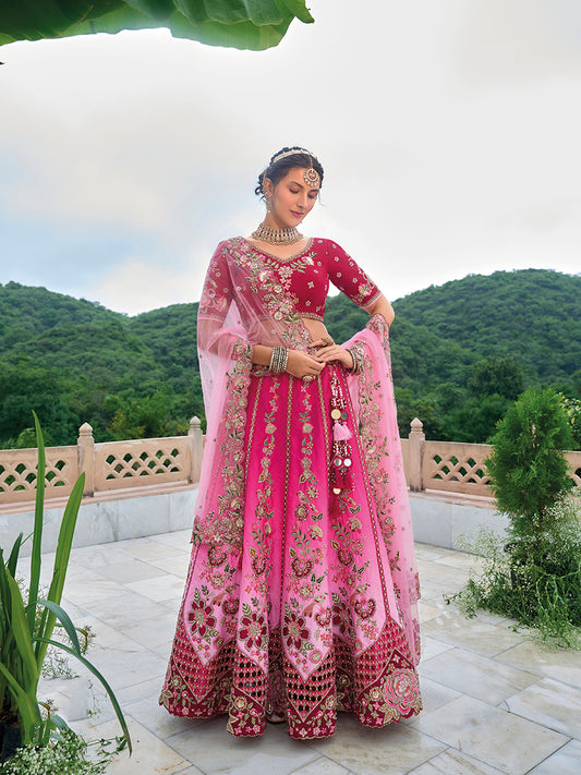 Dark Pink Silk Embroidered Sequins Wedding Lehenga Choli