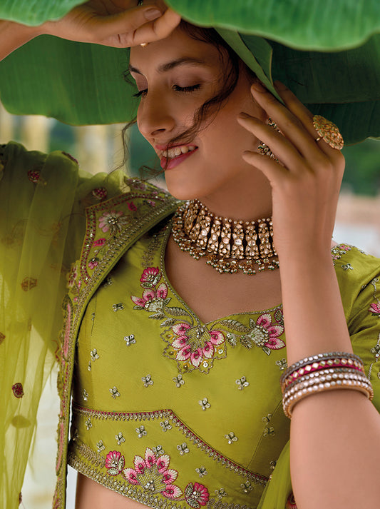 Parrot Green Silk Embroidered Sequins Wedding Lehenga Choli
